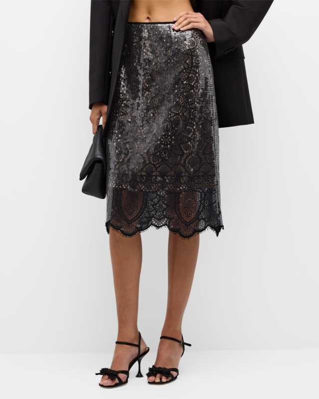 Scalloped Sequin Lace Midi Skirt